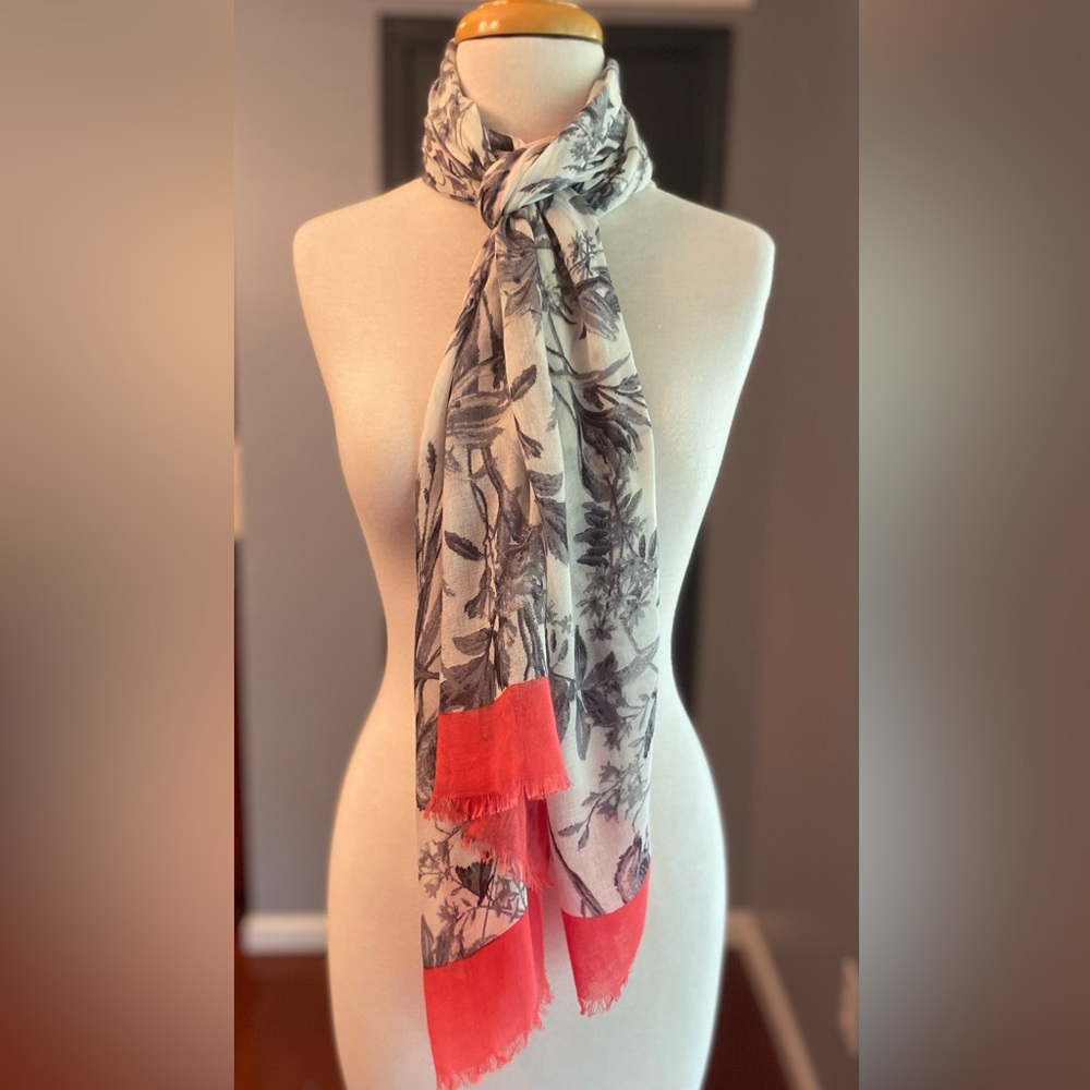 Black & White Women’s Large Floral Bird Scarf with Coral Trim